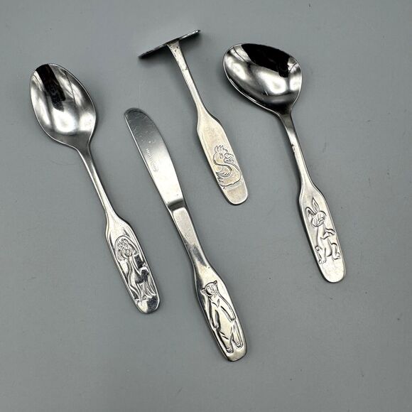Vtg Beram Rostfrei 4 Pc Child Silverware Set Etched Animals German Kinderbesteck - Picture 1 of 10